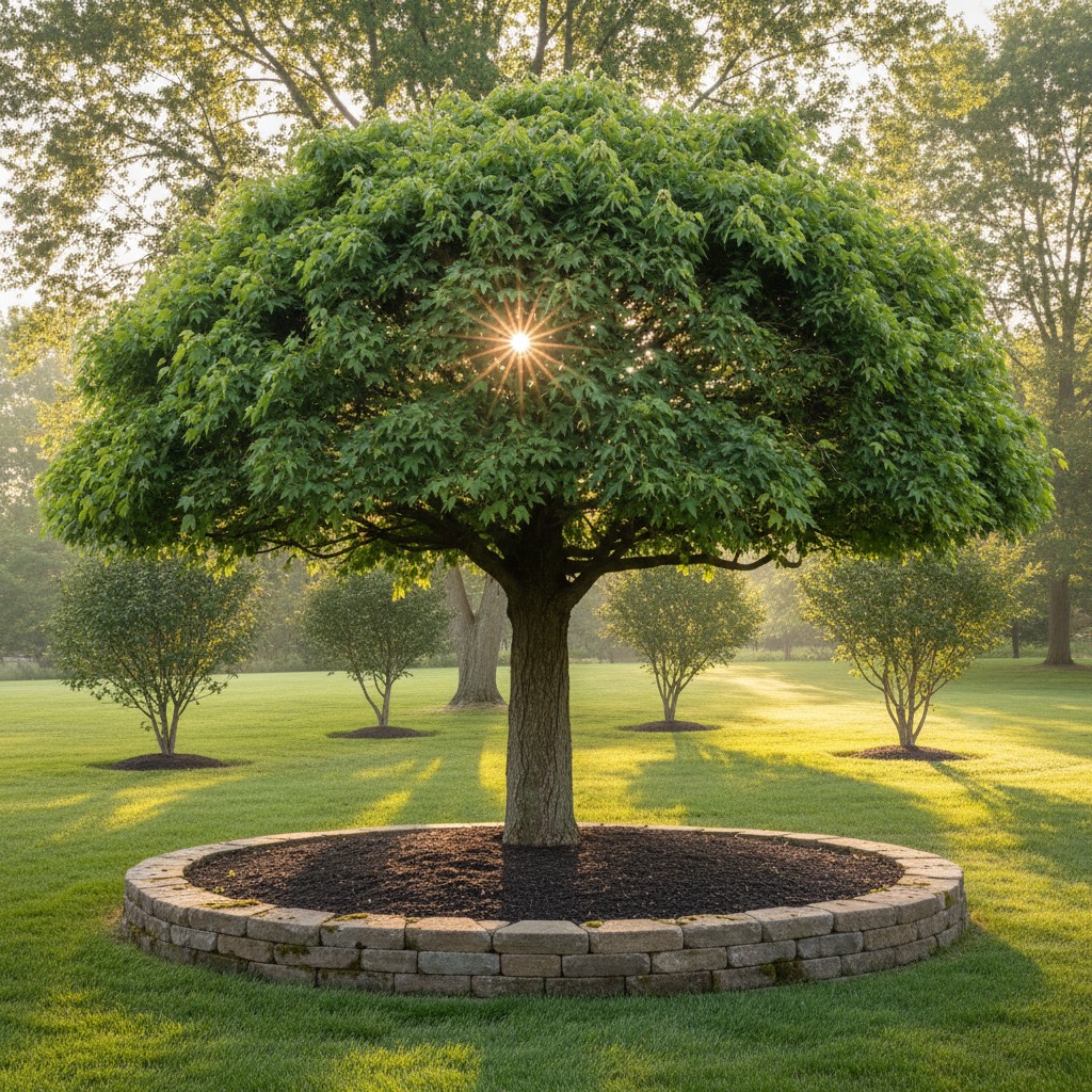 A tree adorned with a brick border and mulch, set against a vibrant backdrop of green grass, exuding a sense of freshness ...