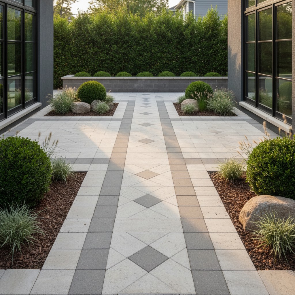A serene courtyard featuring a paver pathway flanked by small bushes and adorned with decorative rocks, evoking a sense of...