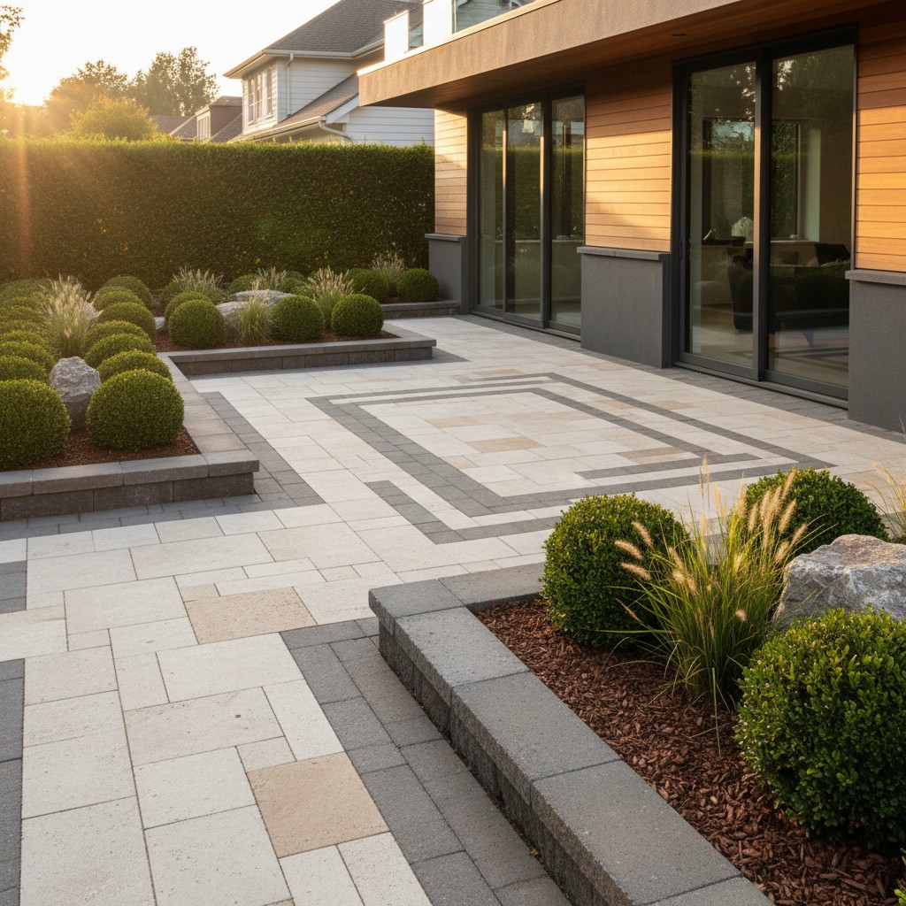 A paved patio in an urban garden featuring geometric patterns and landscaping, with hedges, plants and steps. Patio geomet...