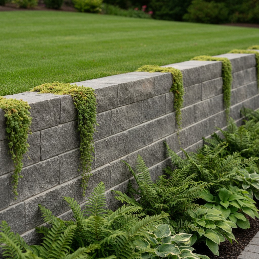 A gray stone wall with plants and a green lawn in the background, likely used as a garden or outdoor space.