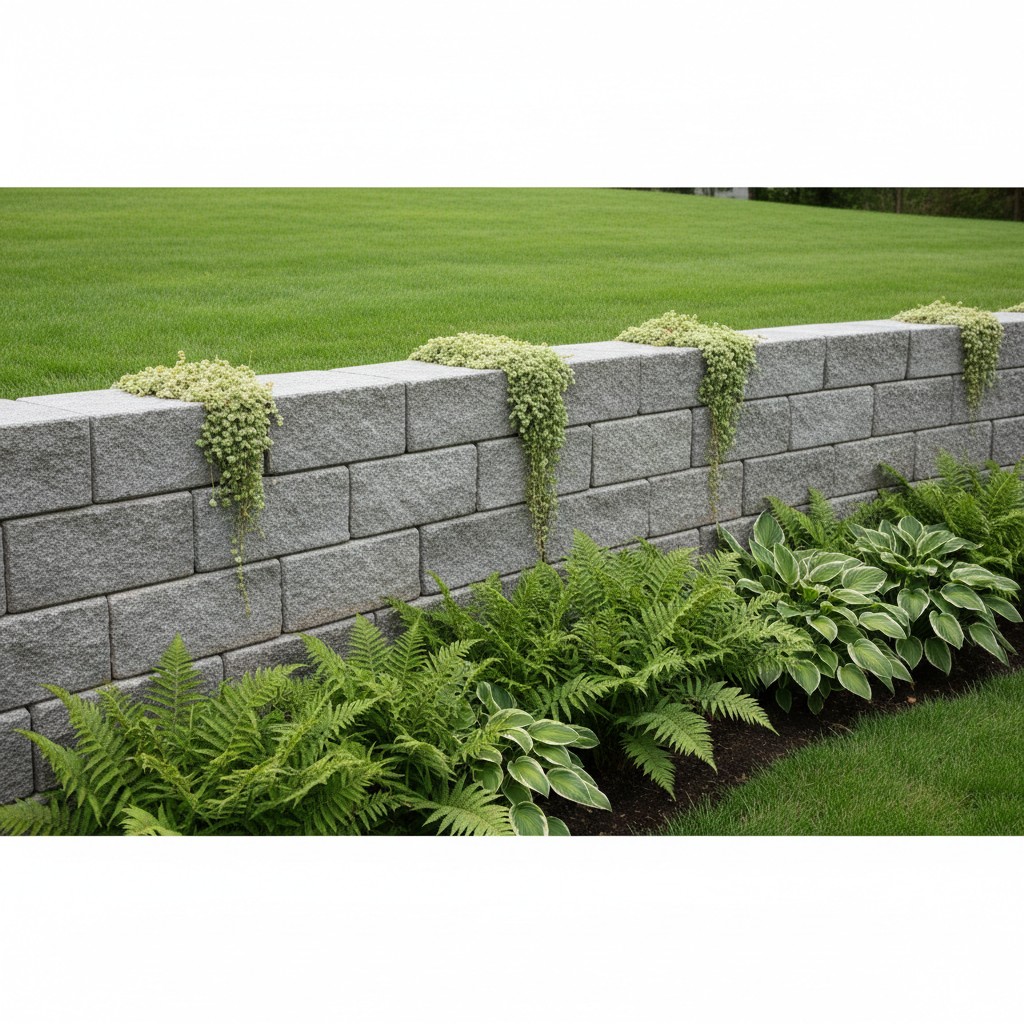 A short, gray stone wall topped with a small plant stands in a lush, manicured grass lawn, with ferns growing in front on ...